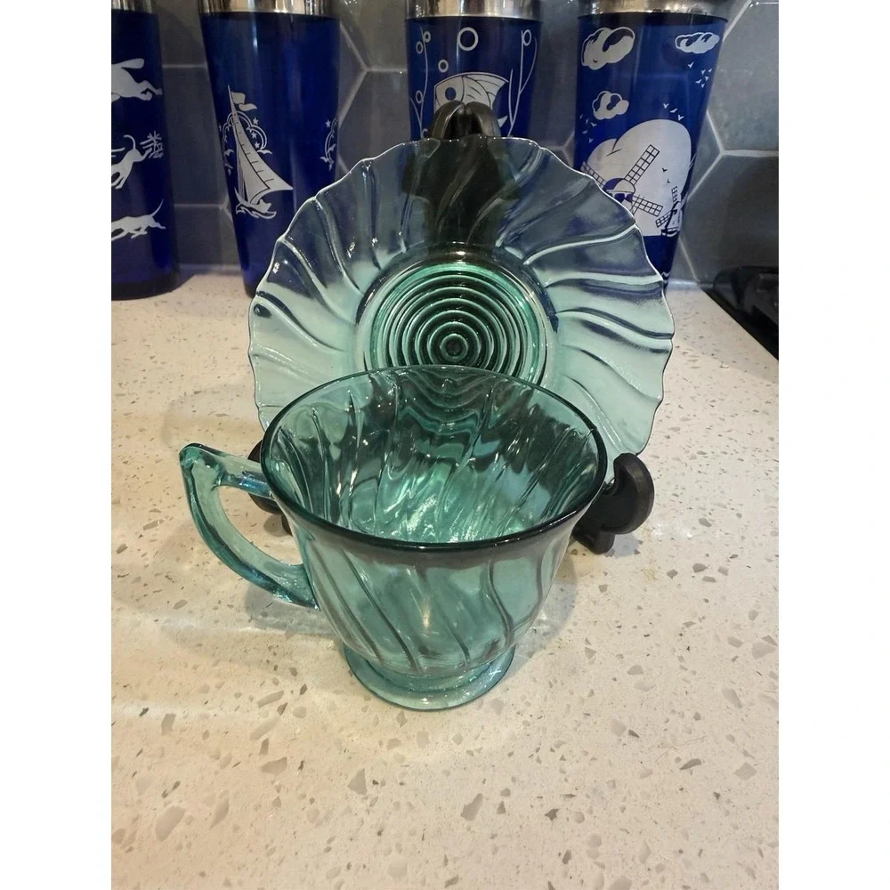 Jeannette Swirl Ultramarine Teal Tea Cup And Saucer Mid Century Depression Glass